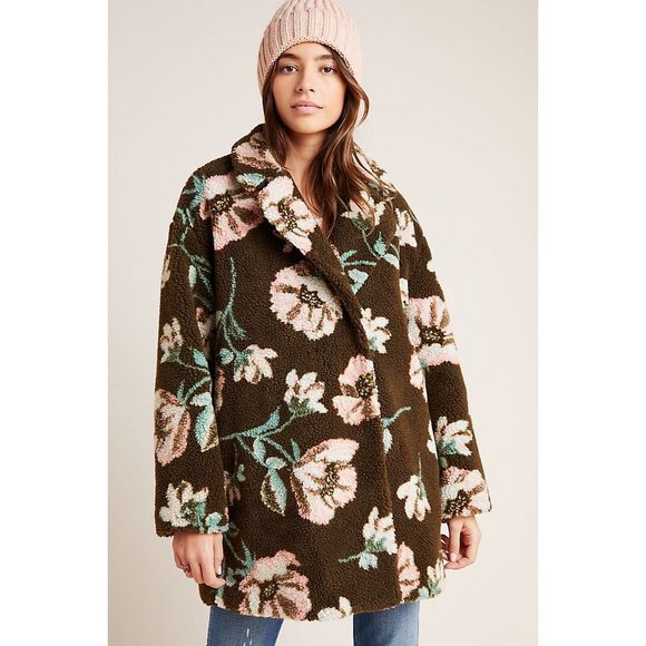 New Anthropologie Olivia Floral Teddy Sherpa Coat - Picture 4 of 5
